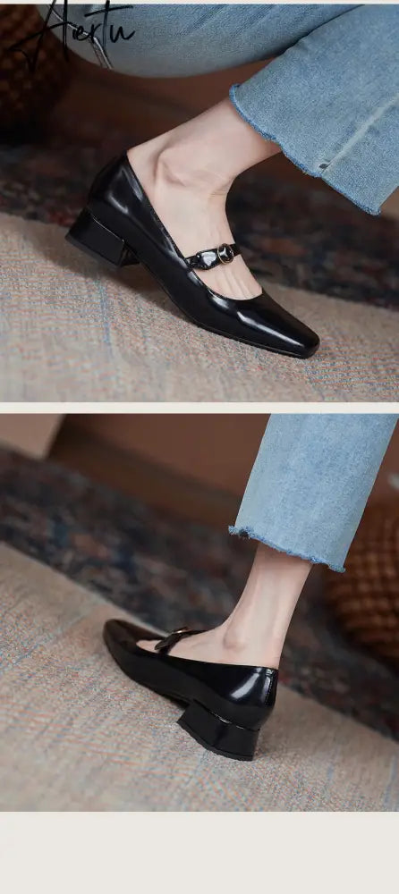 INS HOT Women pumps Genuine Leather shoes plus size 22-26.5cm Cow split leather Square toe buckle Mary Jane shoes 2 colors Aiertu