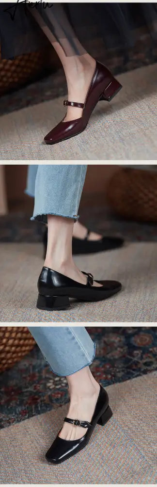 INS HOT Women pumps Genuine Leather shoes plus size 22-26.5cm Cow split leather Square toe buckle Mary Jane shoes 2 colors Aiertu