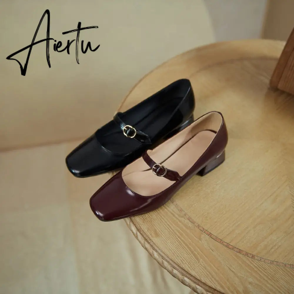 INS HOT Women pumps Genuine Leather shoes plus size 22-26.5cm Cow split leather Square toe buckle Mary Jane shoes 2 colors Aiertu