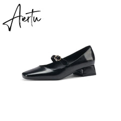 INS HOT Women pumps Genuine Leather shoes plus size 22-26.5cm Cow split leather Square toe buckle Mary Jane shoes 2 colors Aiertu