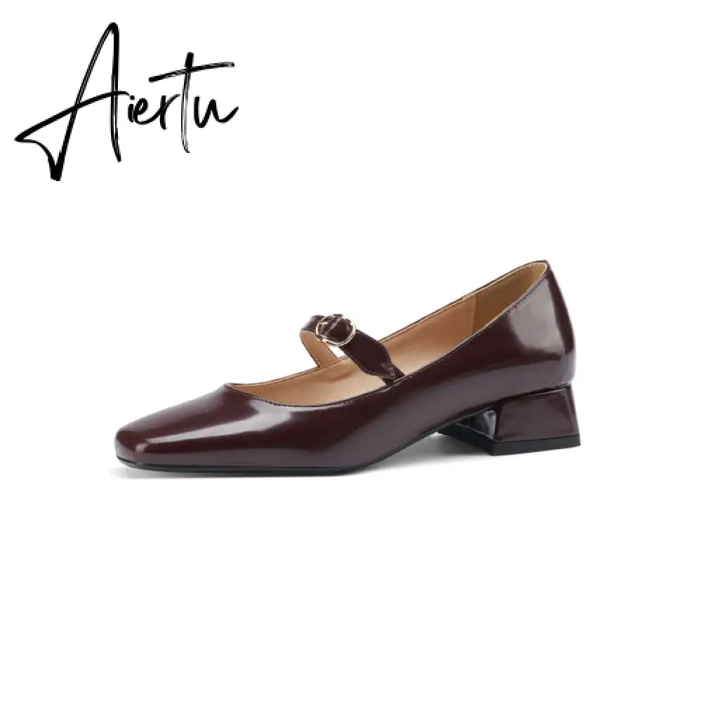INS HOT Women pumps Genuine Leather shoes plus size 22-26.5cm Cow split leather Square toe buckle Mary Jane shoes 2 colors Aiertu