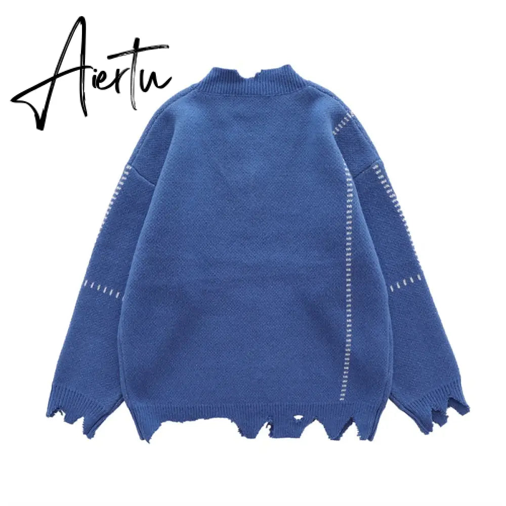 Irregular Hem Frayed Letter Embroidery V Neck Casual Sweaters Men and Women High Street Retro Pullover Knitted Autumn Clothes Aiertu