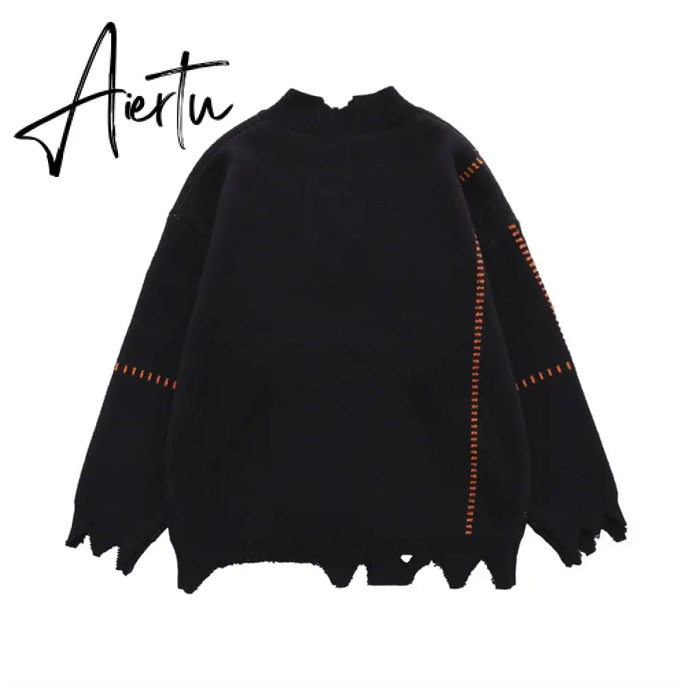 Irregular Hem Frayed Letter Embroidery V Neck Casual Sweaters Men and Women High Street Retro Pullover Knitted Autumn Clothes Aiertu