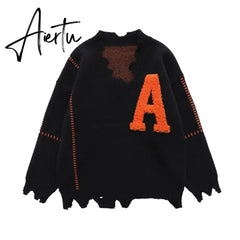 Irregular Hem Frayed Letter Embroidery V Neck Casual Sweaters Men and Women High Street Retro Pullover Knitted Autumn Clothes Aiertu
