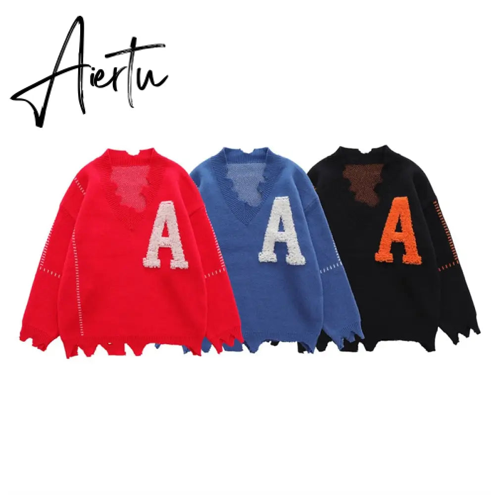 Irregular Hem Frayed Letter Embroidery V Neck Casual Sweaters Men and Women High Street Retro Pullover Knitted Autumn Clothes Aiertu