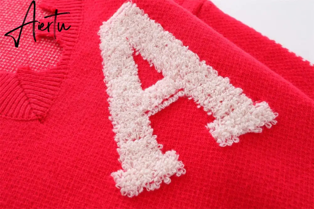 Irregular Hem Frayed Letter Embroidery V Neck Casual Sweaters Men and Women High Street Retro Pullover Knitted Autumn Clothes Aiertu