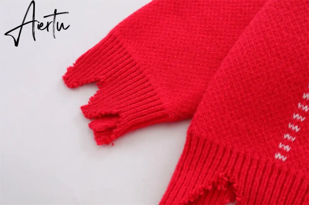 Irregular Hem Frayed Letter Embroidery V Neck Casual Sweaters Men and Women High Street Retro Pullover Knitted Autumn Clothes Aiertu