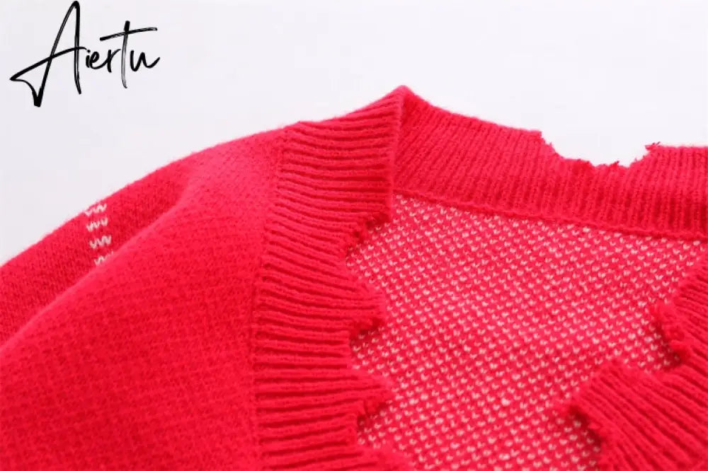Irregular Hem Frayed Letter Embroidery V Neck Casual Sweaters Men and Women High Street Retro Pullover Knitted Autumn Clothes Aiertu