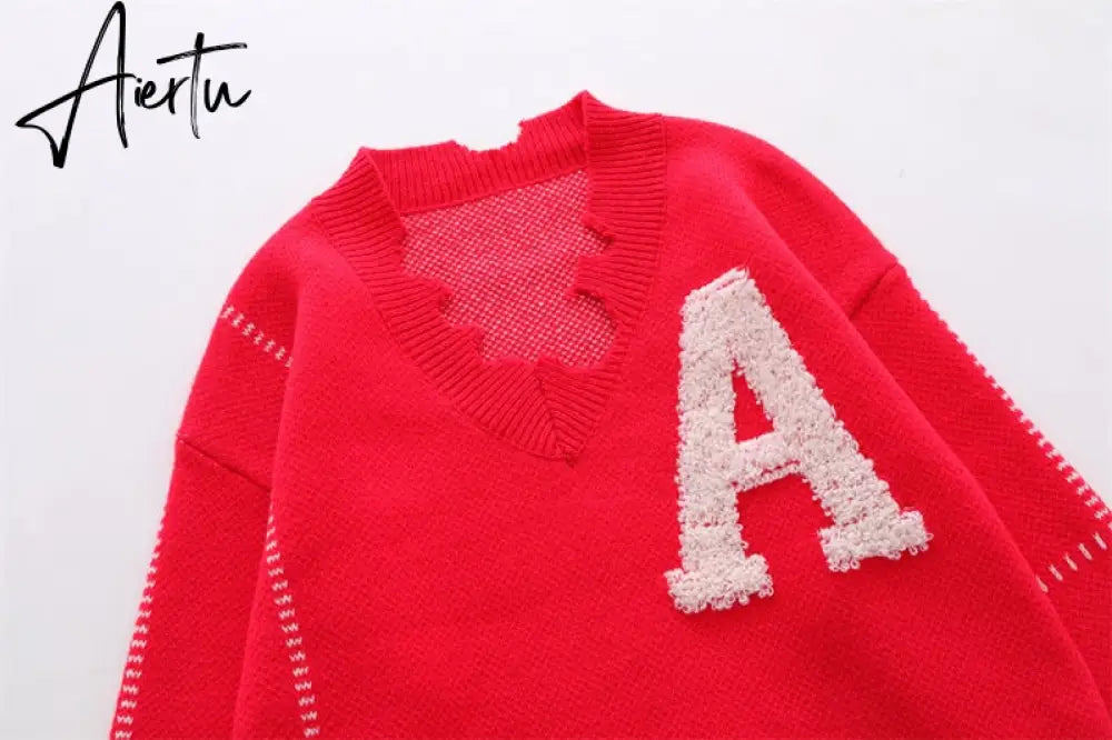 Irregular Hem Frayed Letter Embroidery V Neck Casual Sweaters Men and Women High Street Retro Pullover Knitted Autumn Clothes Aiertu
