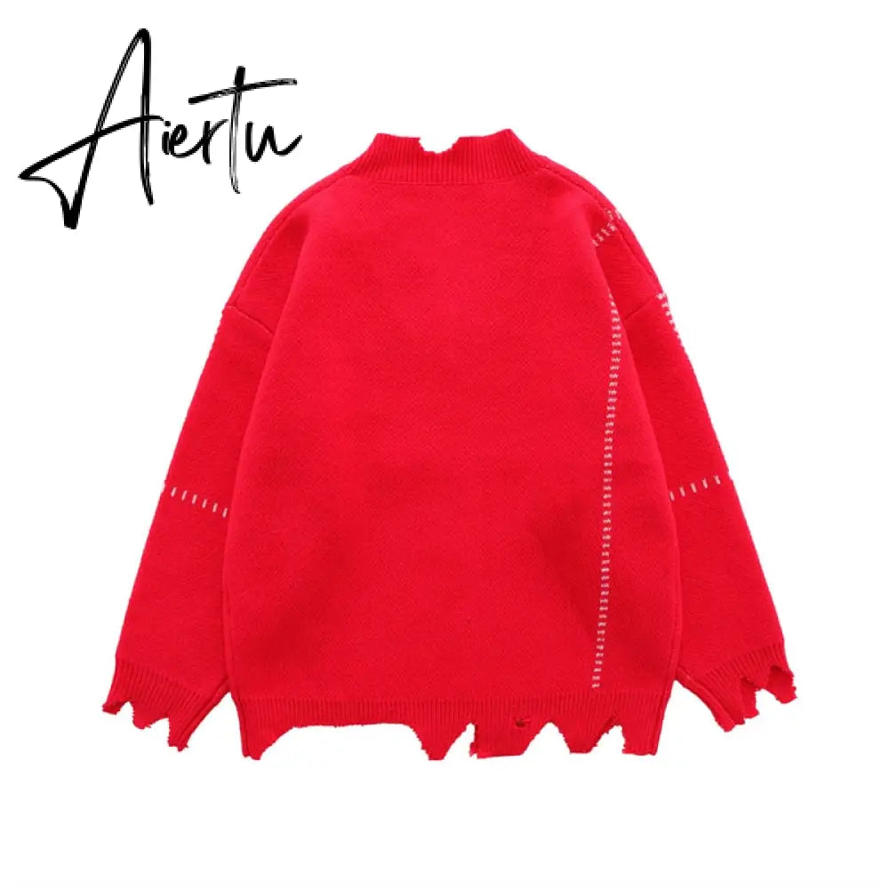 Irregular Hem Frayed Letter Embroidery V Neck Casual Sweaters Men and Women High Street Retro Pullover Knitted Autumn Clothes Aiertu