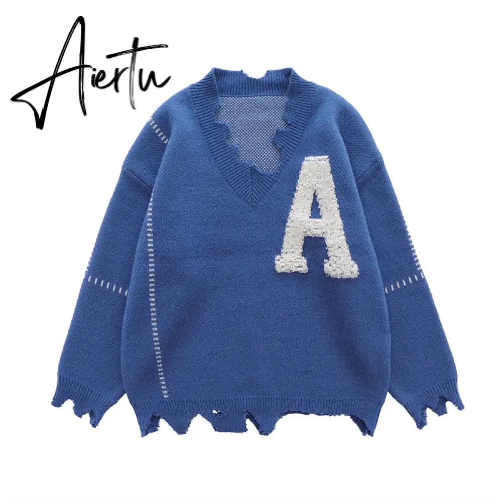 Irregular Hem Frayed Letter Embroidery V Neck Casual Sweaters Men and Women High Street Retro Pullover Knitted Autumn Clothes Aiertu