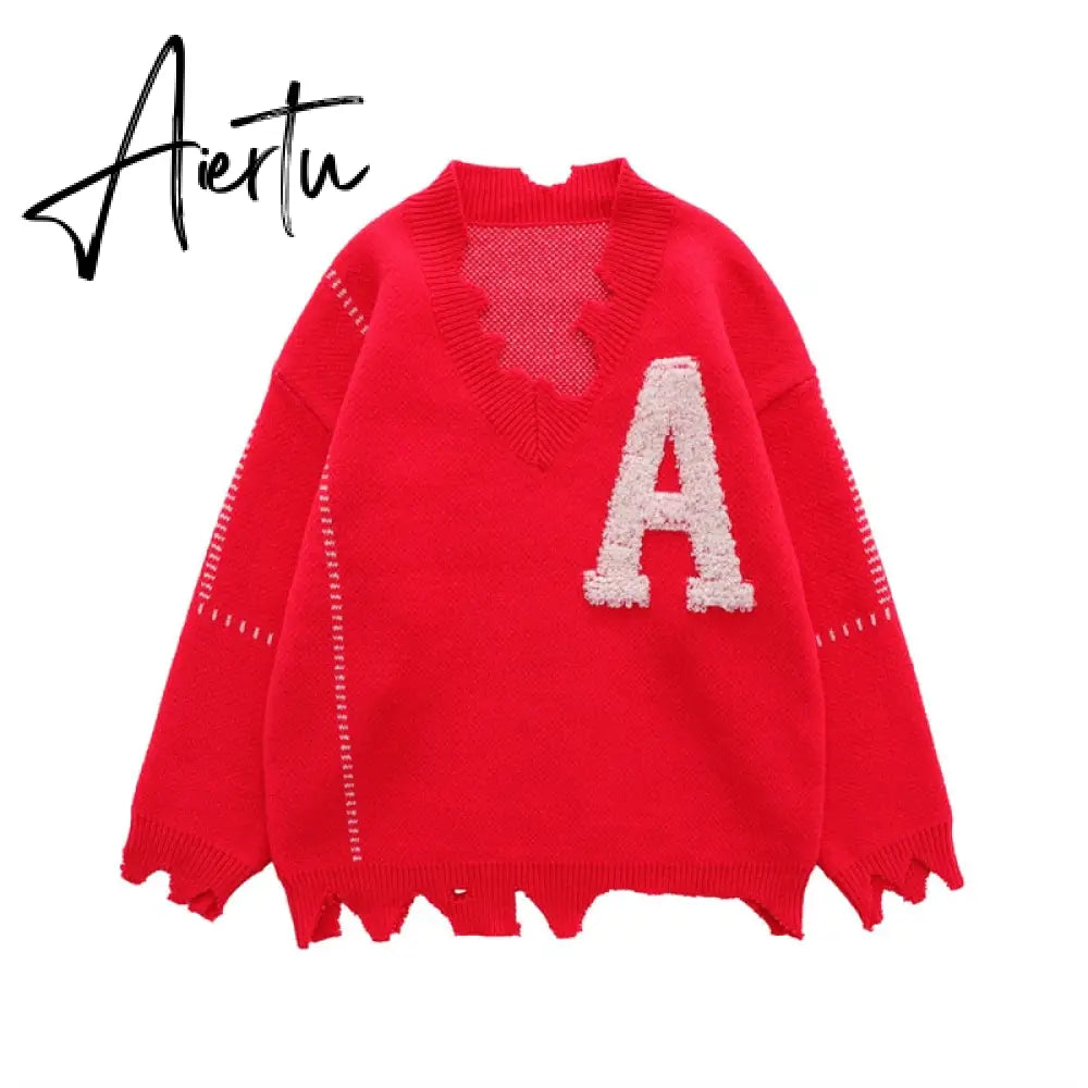 Irregular Hem Frayed Letter Embroidery V Neck Casual Sweaters Men and Women High Street Retro Pullover Knitted Autumn Clothes Aiertu