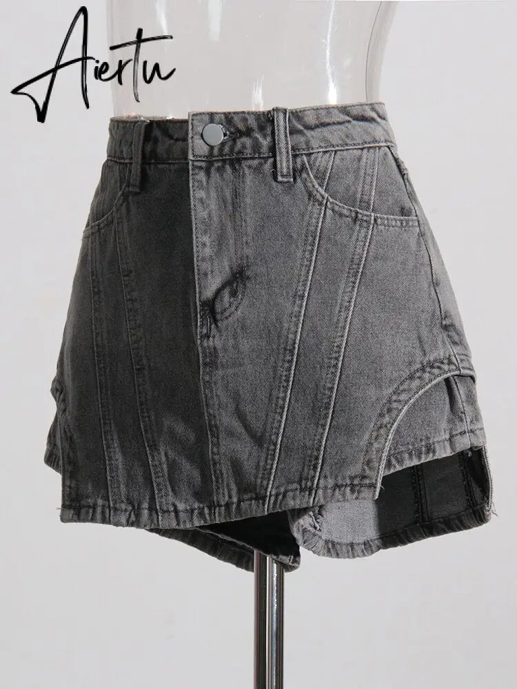 Irregular Hem Shorts For Women High Waist Pathchwork Button Loose Casual Denim Short Pants Female Fashion Clothing Aiertu