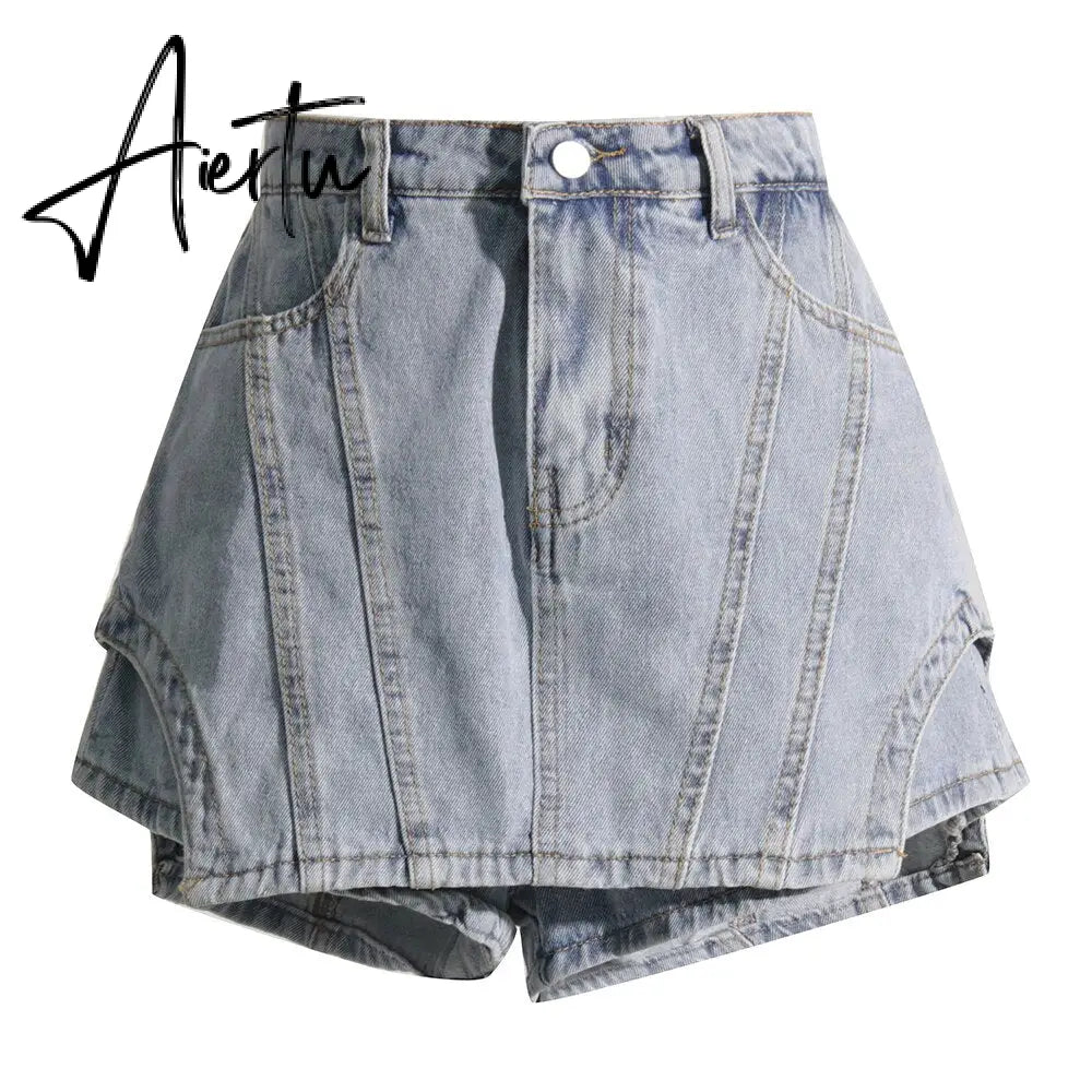 Irregular Hem Shorts For Women High Waist Pathchwork Button Loose Casual Denim Short Pants Female Fashion Clothing Aiertu