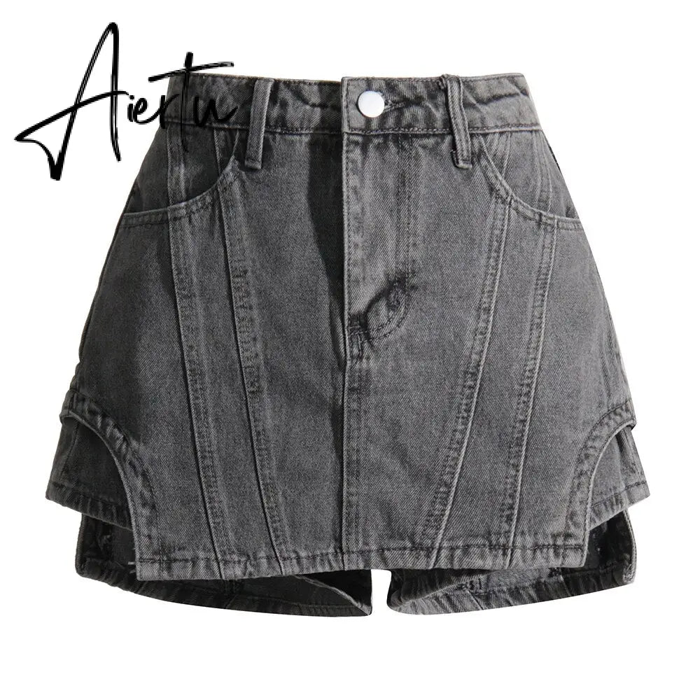 Irregular Hem Shorts For Women High Waist Pathchwork Button Loose Casual Denim Short Pants Female Fashion Clothing Aiertu