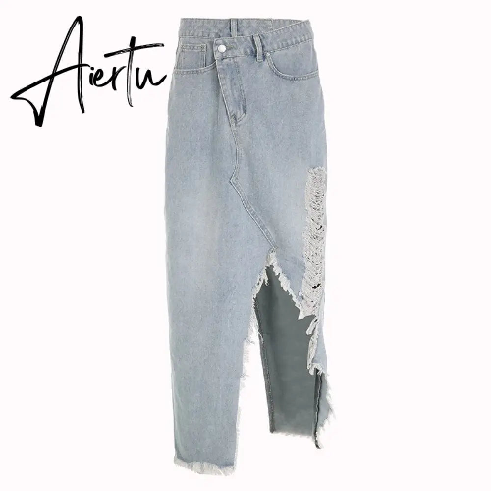 Irregular Ripped Denim Long Skirts y2k Chic Cutout Grunge 2000s Jeans Midi Skirts Women Casual Streetwear Fashion Korean Aiertu