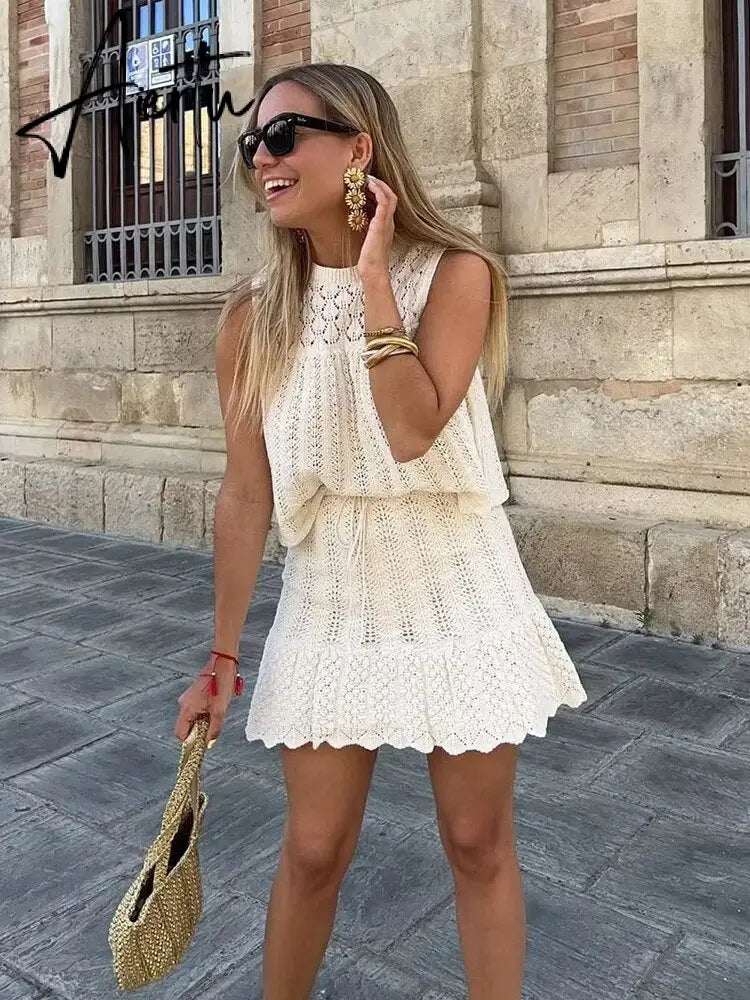 Jacquard Mesh Knitted Top Skirt Dress Set Women Summer Crochet Fashion Sleevless A-line Skirt Set Outfits Beachwear Aiertu