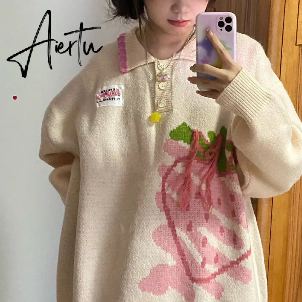 Japanese Kawaii Sweater Women Harajuku Knitted Jumper Loose Casual Strawberry Contrast Knitwear Tops Cute Streetwear Aiertu