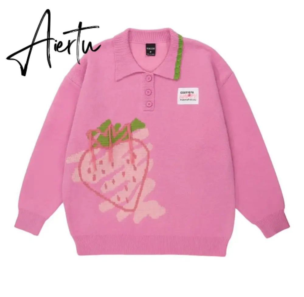 Japanese Kawaii Sweater Women Harajuku Knitted Jumper Loose Casual Strawberry Contrast Knitwear Tops Cute Streetwear Aiertu