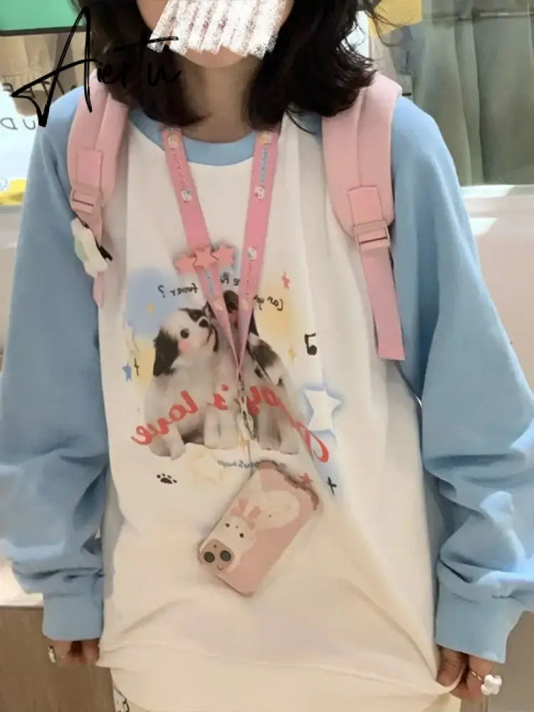 Japanese Preppy Style Student Women Casual Sweatshirt Kawaii Animal Print Hoodies Harajuku Curte Pullover Moletom Aiertu