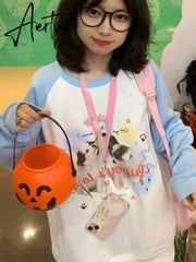 Japanese Preppy Style Student Women Casual Sweatshirt Kawaii Animal Print Hoodies Harajuku Curte Pullover Moletom Aiertu