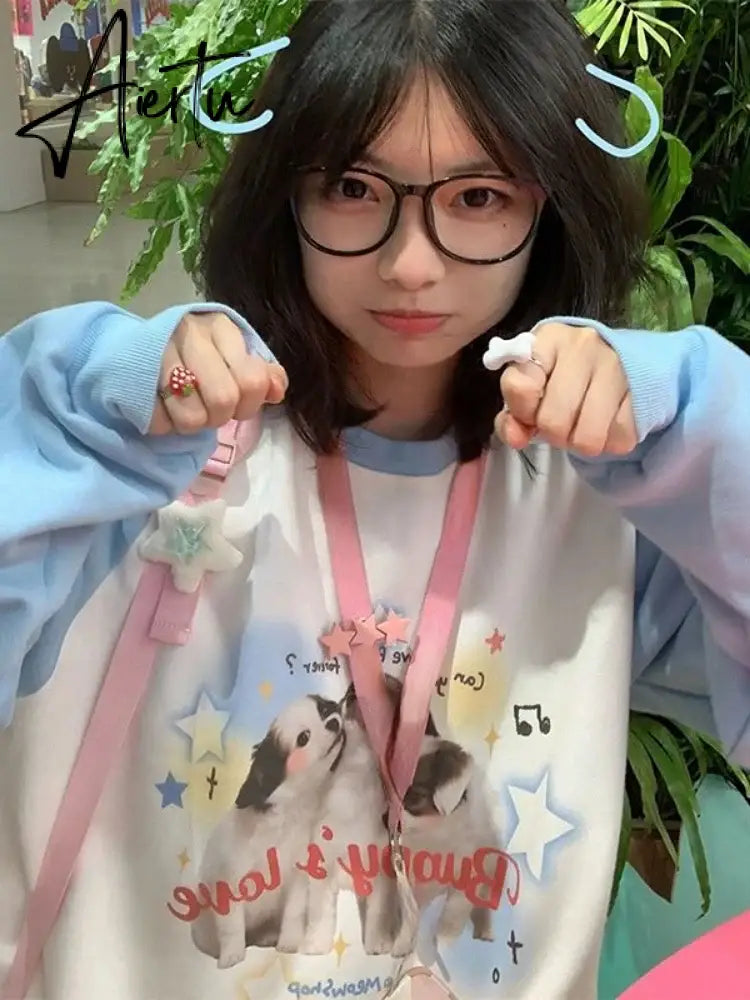 Japanese Preppy Style Student Women Casual Sweatshirt Kawaii Animal Print Hoodies Harajuku Curte Pullover Moletom Aiertu