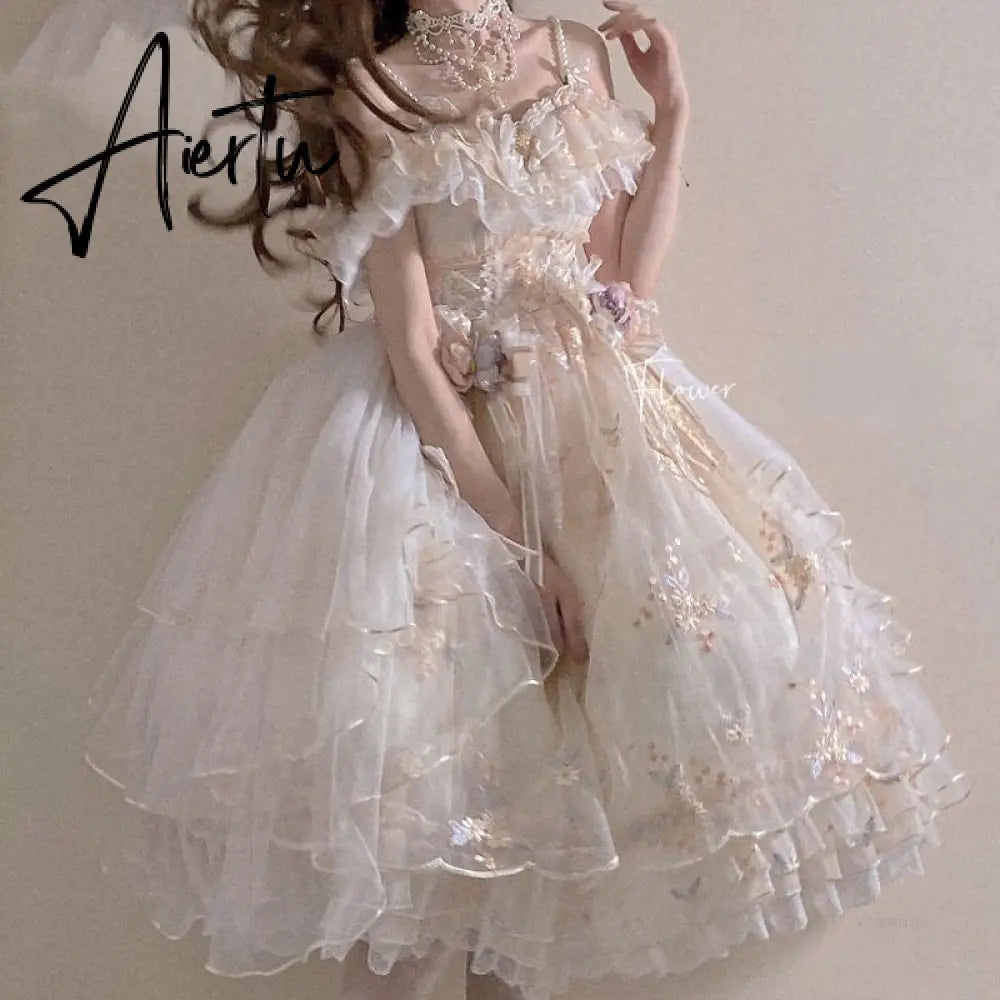 Japanese Retro Victorian Style Lolita Jsk Dress Sweet Ruffles Lace Floral Embroidery Princess Dresses Girl Women'S Summer Dress Aiertu