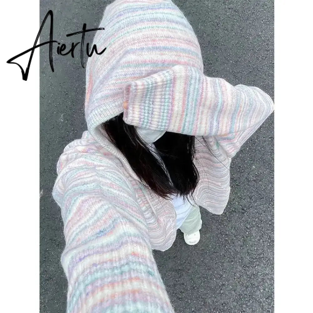 Japanese Y2k Rainbow Striped Kawaii Cardigans Women Autumn All Match Hooded Sweaters Loose Zipper Grunge Knitted Coat Pull Femme Aiertu