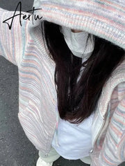 Japanese Y2k Rainbow Striped Kawaii Cardigans Women Autumn All Match Hooded Sweaters Loose Zipper Grunge Knitted Coat Pull Femme Aiertu