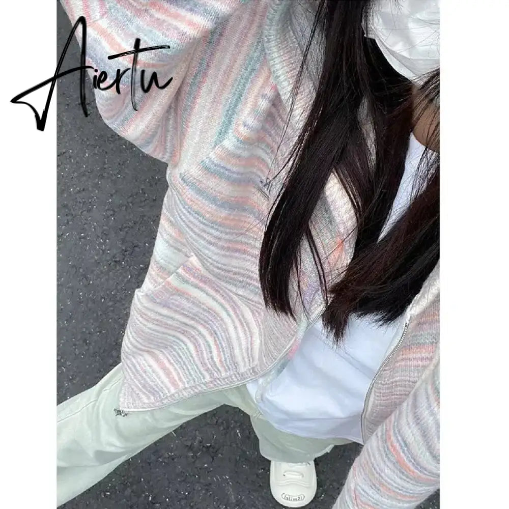 Japanese Y2k Rainbow Striped Kawaii Cardigans Women Autumn All Match Hooded Sweaters Loose Zipper Grunge Knitted Coat Pull Femme Aiertu