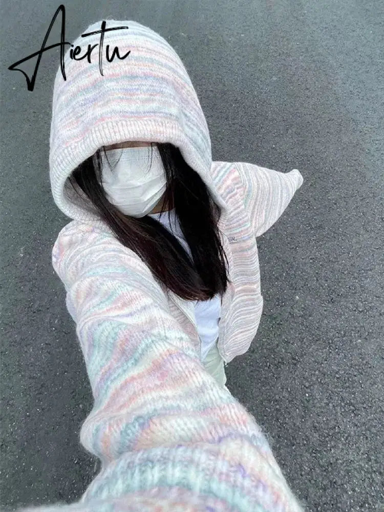 Japanese Y2k Rainbow Striped Kawaii Cardigans Women Autumn All Match Hooded Sweaters Loose Zipper Grunge Knitted Coat Pull Femme Aiertu