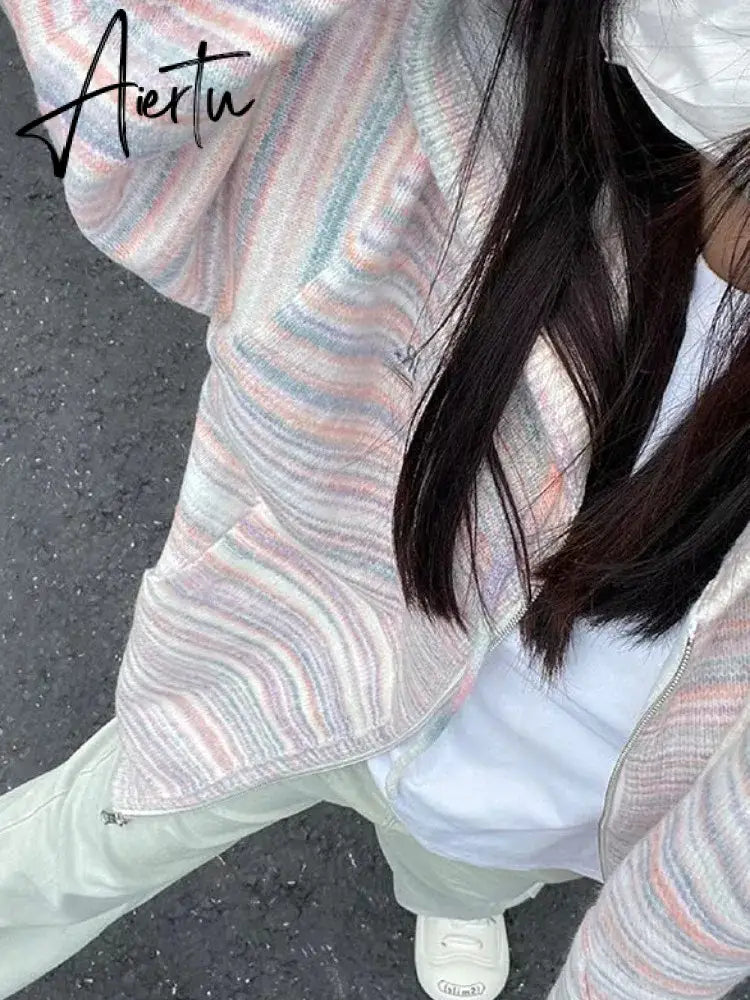 Japanese Y2k Rainbow Striped Kawaii Cardigans Women Autumn All Match Hooded Sweaters Loose Zipper Grunge Knitted Coat Pull Femme Aiertu