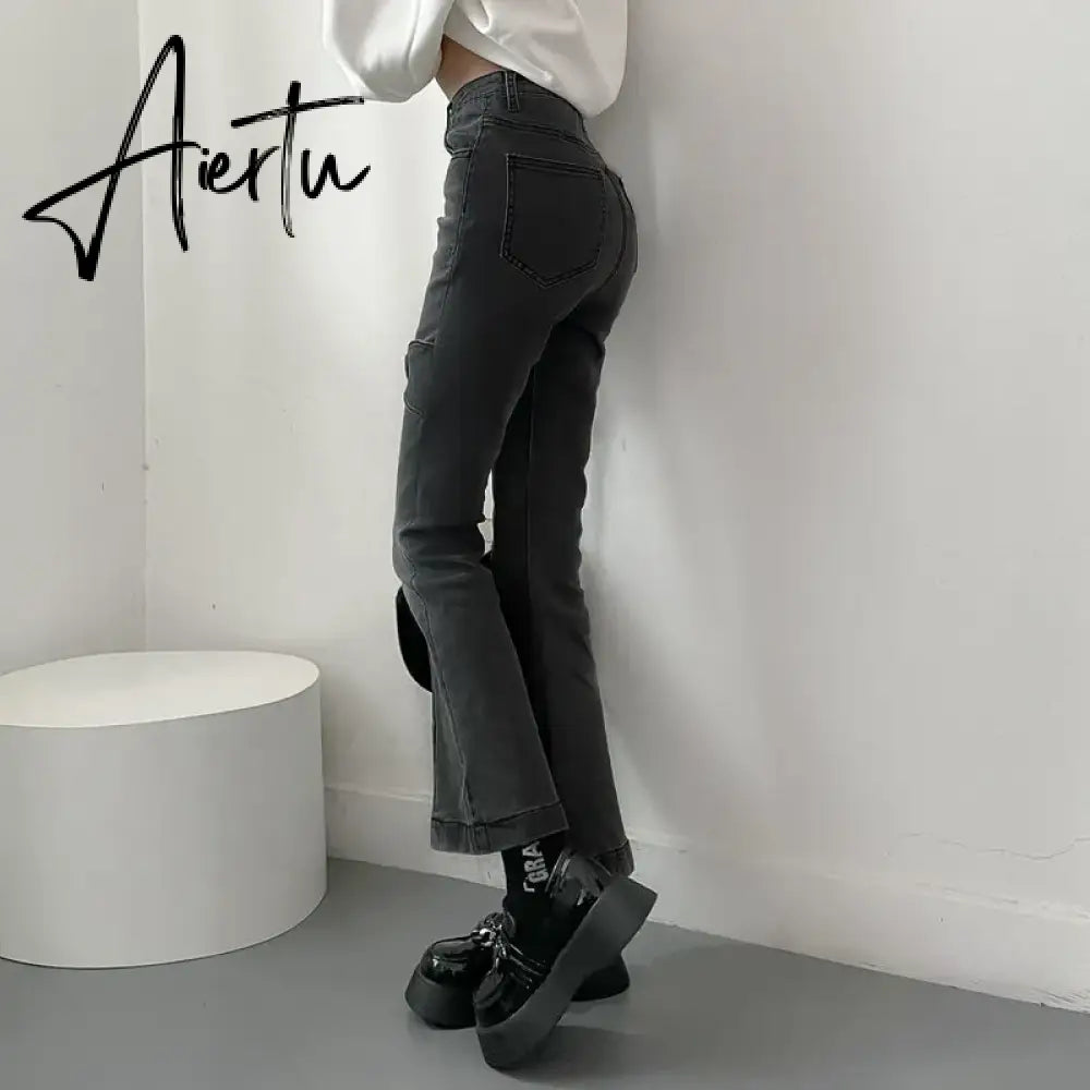 Jeans for Women Vintage Black Denim Flare Pants Streetwear High Waist Slim Mom Trouser Harajuku Y2K Pants Aiertu