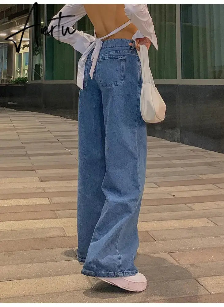 Jeans women low-rise fashion retro straight pants loose street style denim pants with simple wide leg women baggy mop pants Aiertu