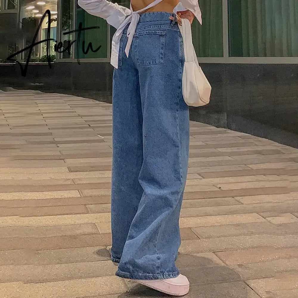 Jeans women low-rise fashion retro straight pants loose street style denim pants with simple wide leg women baggy mop pants Aiertu