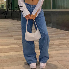 Jeans women low-rise fashion retro straight pants loose street style denim pants with simple wide leg women baggy mop pants Aiertu