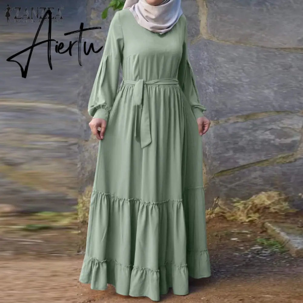 Kaftan Vestido ZANZEA Muslim Abaya Turkey Hijab Dress Spring Long Sleeve  Lace Up Ruffles Sundress Fashion Vintage Solid Dresses Aiertu