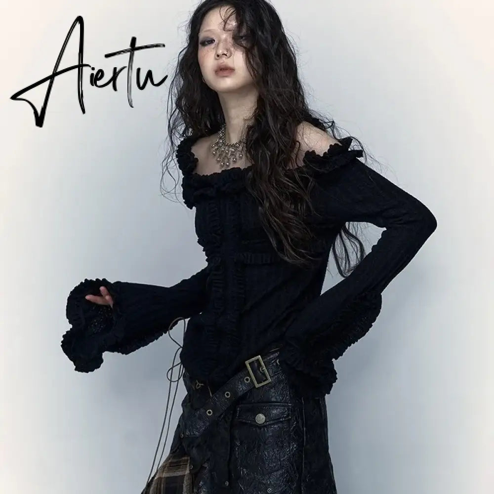 Karrcat Grunge Aesthetics Knitted Tops Vintage Off Shoulder Tattoo Print T-shirt Wasteland Punk Black Ribbed Tee Shirt Gothic Aiertu