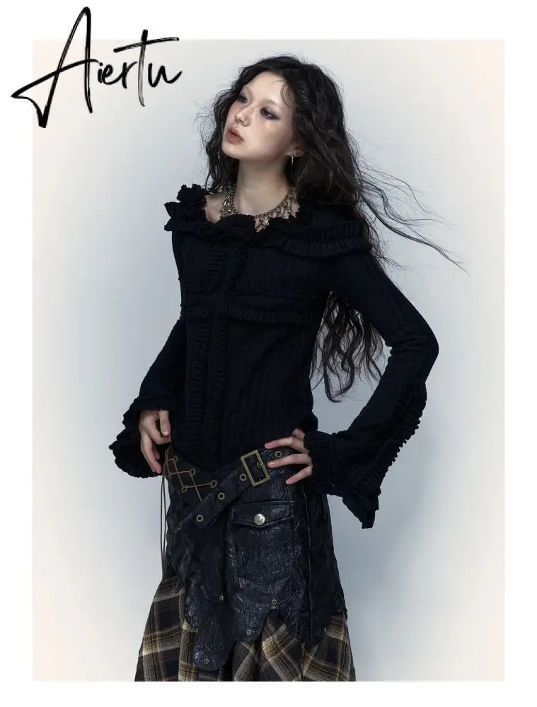 Karrcat Grunge Aesthetics Knitted Tops Vintage Off Shoulder Tattoo Print T-shirt Wasteland Punk Black Ribbed Tee Shirt Gothic Aiertu
