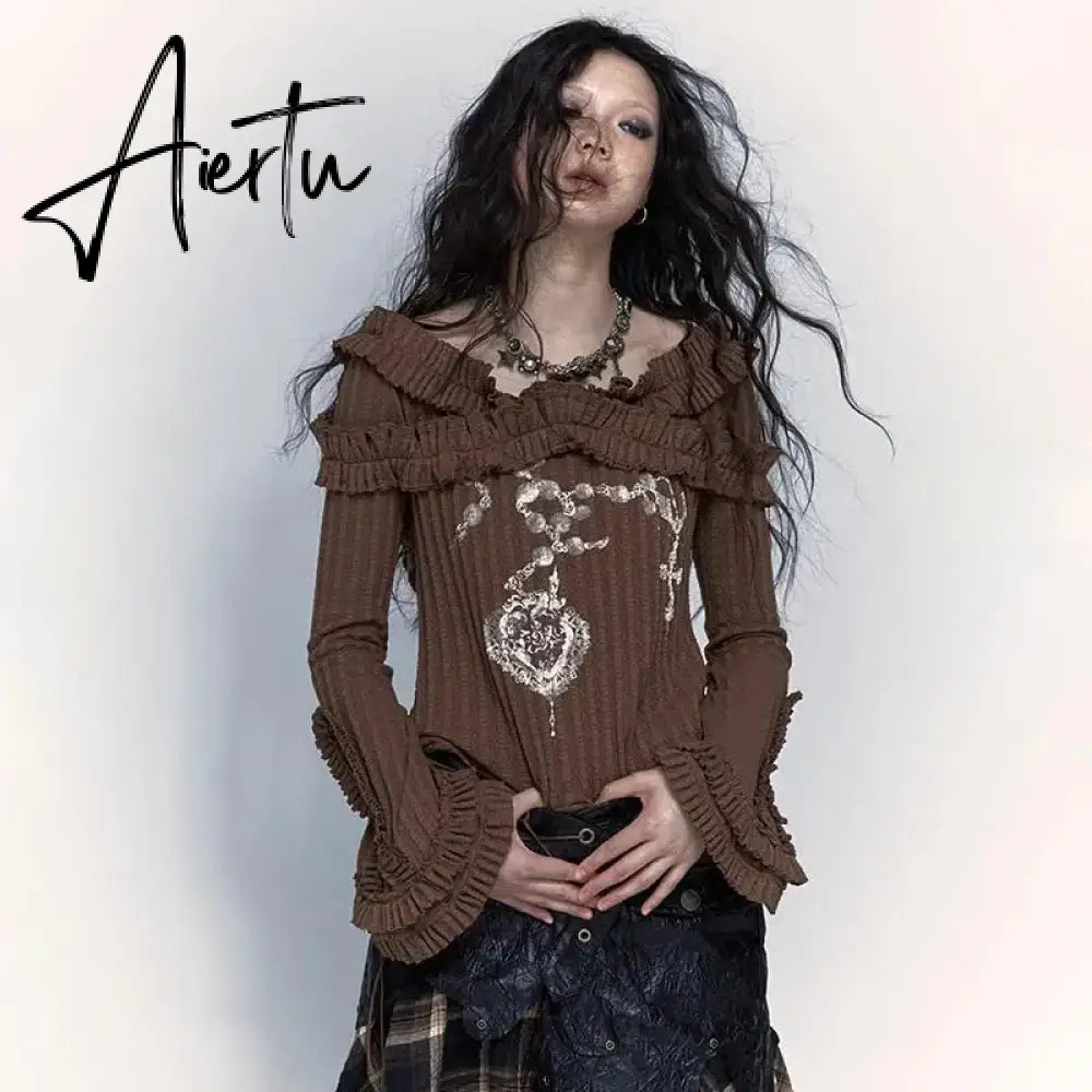 Karrcat Grunge Aesthetics Knitted Tops Vintage Off Shoulder Tattoo Print T-shirt Wasteland Punk Black Ribbed Tee Shirt Gothic Aiertu