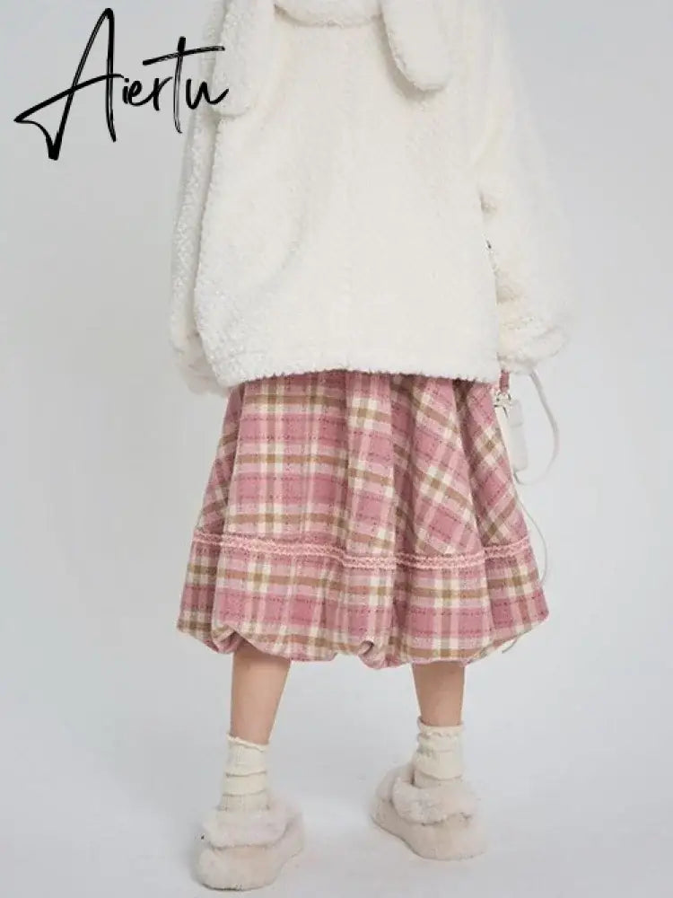 Kawaii Pink Plaid Skirt Women Japanese Fashion High Waist Lace-up Lace Patchwork Cute Long Skirt Autumn Winter Harajuku Aiertu