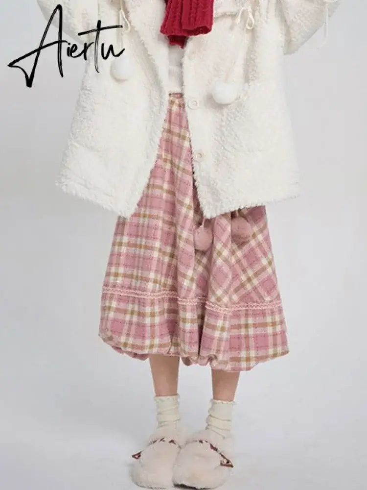 Kawaii Pink Plaid Skirt Women Japanese Fashion High Waist Lace-up Lace Patchwork Cute Long Skirt Autumn Winter Harajuku Aiertu