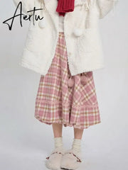 Kawaii Pink Plaid Skirt Women Japanese Fashion High Waist Lace-up Lace Patchwork Cute Long Skirt Autumn Winter Harajuku Aiertu