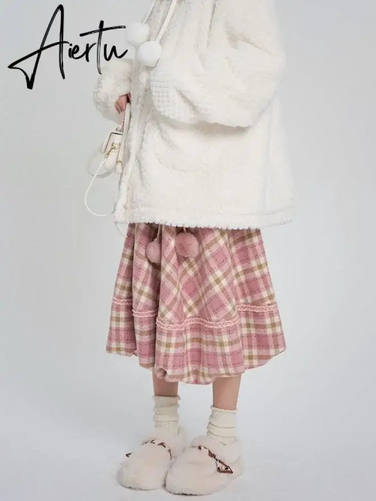 Kawaii Pink Plaid Skirt Women Japanese Fashion High Waist Lace-up Lace Patchwork Cute Long Skirt Autumn Winter Harajuku Aiertu