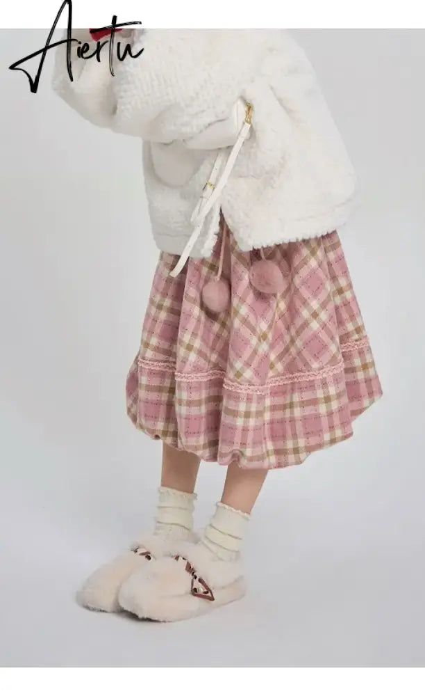 Kawaii Pink Plaid Skirt Women Japanese Fashion High Waist Lace-up Lace Patchwork Cute Long Skirt Autumn Winter Harajuku Aiertu