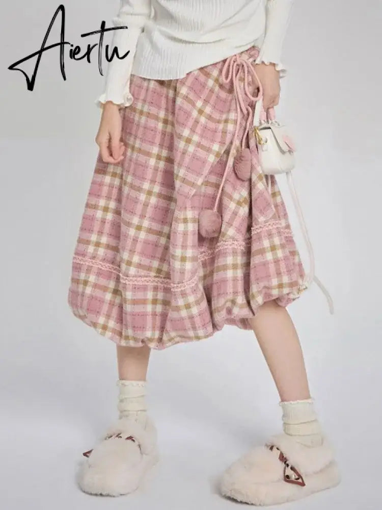 Kawaii Pink Plaid Skirt Women Japanese Fashion High Waist Lace-up Lace Patchwork Cute Long Skirt Autumn Winter Harajuku Aiertu