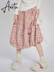Kawaii Pink Plaid Skirt Women Japanese Fashion High Waist Lace-up Lace Patchwork Cute Long Skirt Autumn Winter Harajuku Aiertu