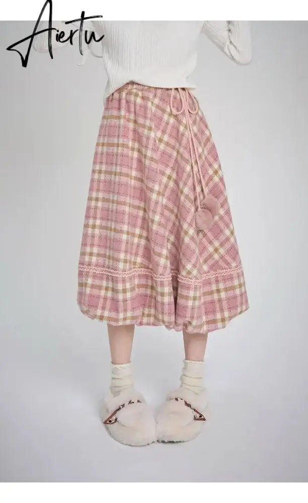 Kawaii Pink Plaid Skirt Women Japanese Fashion High Waist Lace-up Lace Patchwork Cute Long Skirt Autumn Winter Harajuku Aiertu