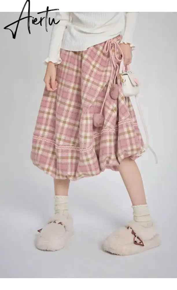 Kawaii Pink Plaid Skirt Women Japanese Fashion High Waist Lace-up Lace Patchwork Cute Long Skirt Autumn Winter Harajuku Aiertu