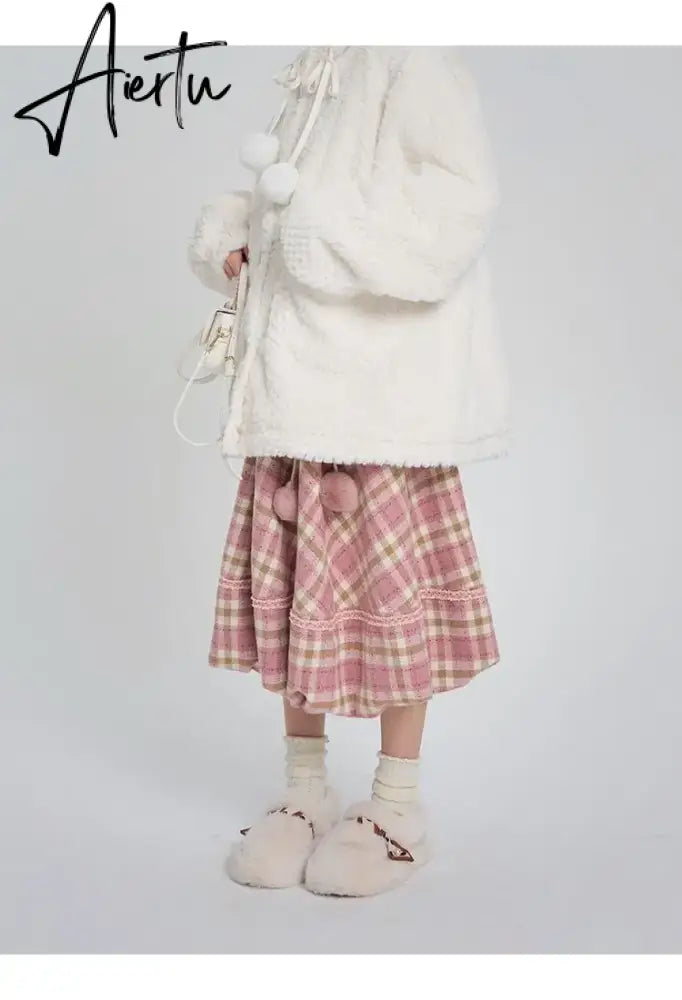 Kawaii Pink Plaid Skirt Women Japanese Fashion High Waist Lace-up Lace Patchwork Cute Long Skirt Autumn Winter Harajuku Aiertu